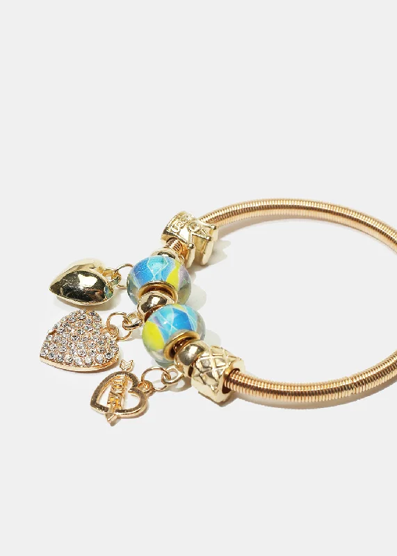 Chunky Gold Statement Ring Heart Charm Coil Bracelet