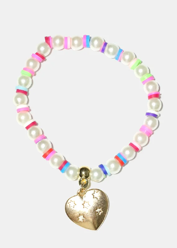 Stylish Gold Cuff Heart Charm Pearl & Bead Bracelet