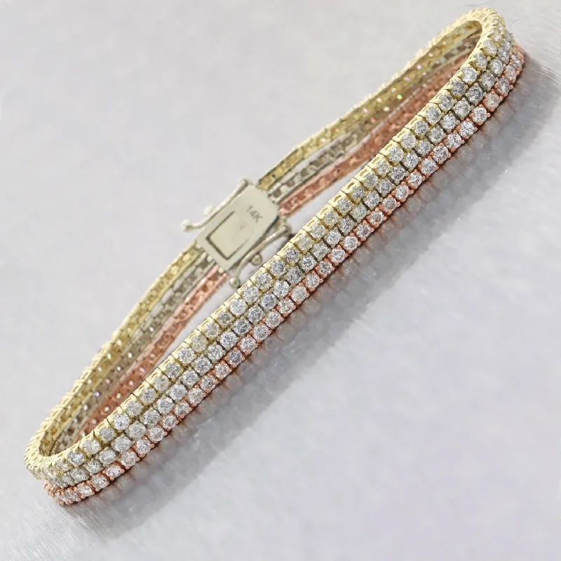 Layered Paperclip Chain 14k Yellow White & Rose Gold 7.47ctw Diamond 6mm Wide 3 Row Tennis Bracelet