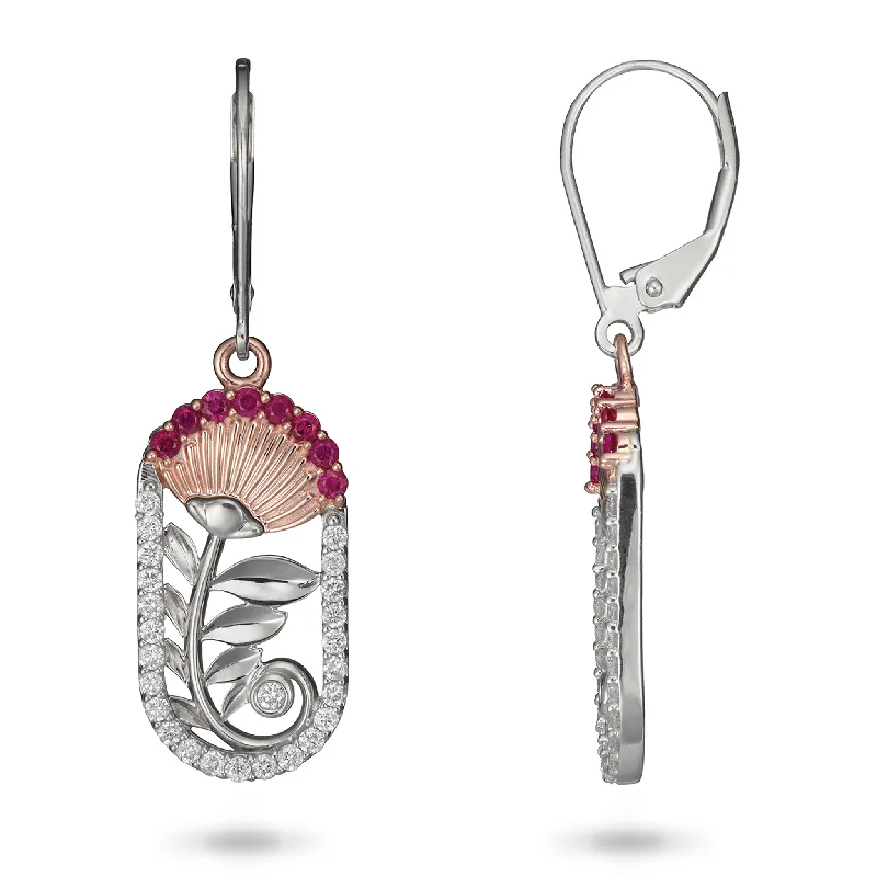 ʻŌhiʻa Lehua Ruby Earrings in Two Tone Gold with Diamonds - 24mm