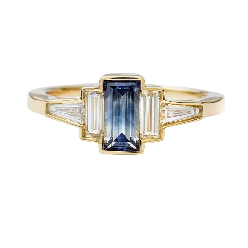 Parti Sapphire Art Deco Ring with TLB Diamonds and a Golden Bezel - OOAK