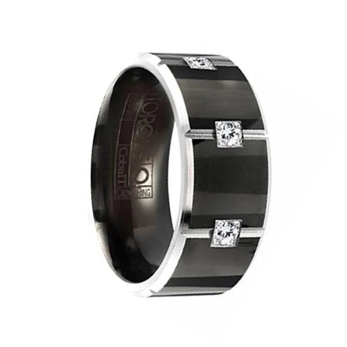 PYRAMID Torque Black Cobalt Polished Wedding Band Vertical Grooved Center Pattern with Diamonds Beveled Edges - 9 mm