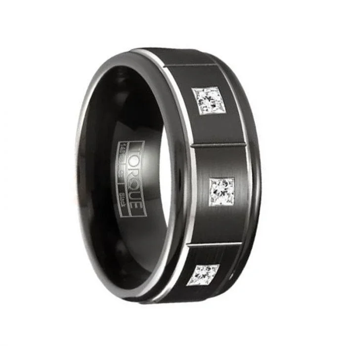 RAIDEN Torque Black Cobalt Brushed Wedding Band Center Dual Grooves with Diamond Accents Round Edges - 9 mm