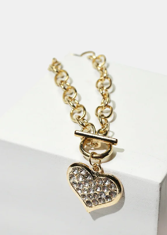 Vintage Cocktail Ring Rhinestone Heart Charm Gold Bracelet