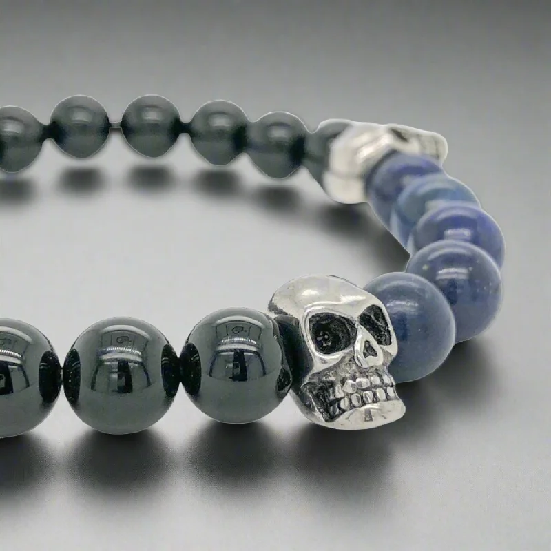 Bar Gold Bracelet STST Skull, Onyx & Lapis Stretch Beaded Bracelet