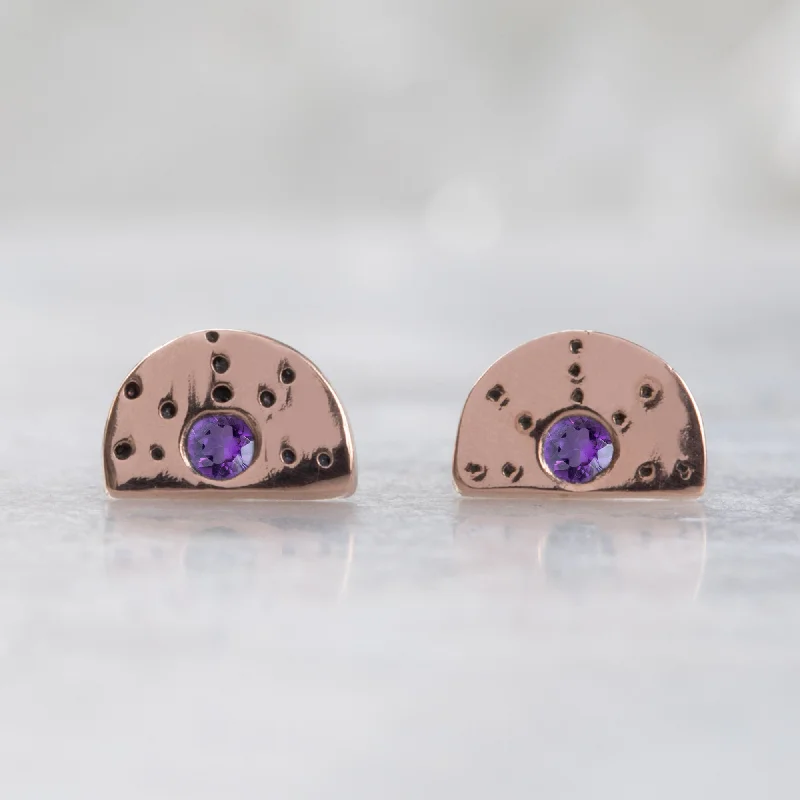 The Half Moon Amethyst Stardust Stud Earrings | 14K Rose Gold