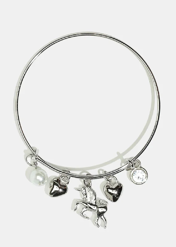 Moonstone Drop Necklace Unicorn & Heart Charm Bangle Bracelet