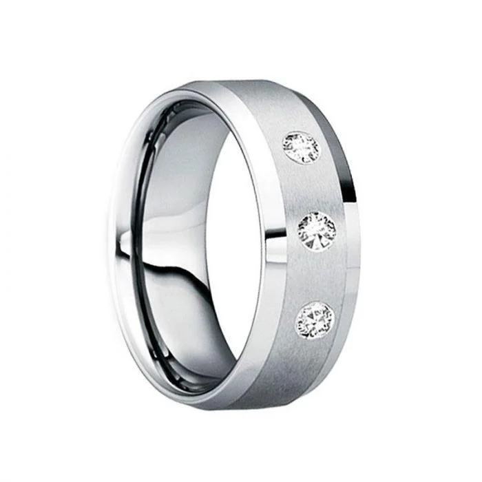 VARINIUS Triple White Diamond Tungsten Ring with Satin Finish and Beveled Edges - 8mm