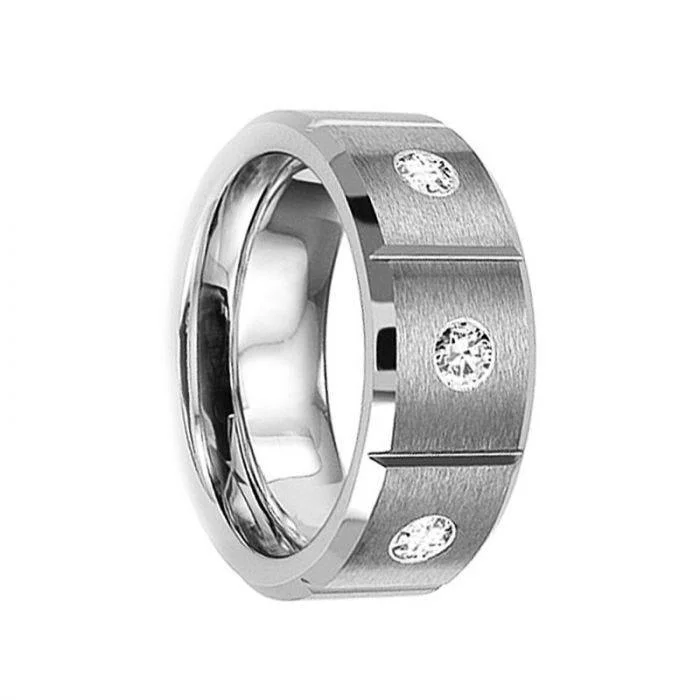 VARIUS Brushed Finish Tungsten Wedding Ring with Center Diamonds Grooved Inlay Design - 8mm