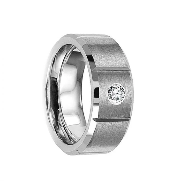 VERGINIUS Brushed & Grooved Tungsten Wedding Ring with White Diamond & Beveled Edges - 8mm