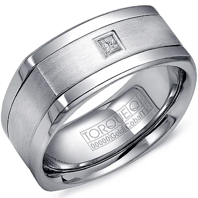 White Cobalt Satin Finish Squared Men’s Ring 10k White Gold Diamond Center by Crown Ring - 9mm