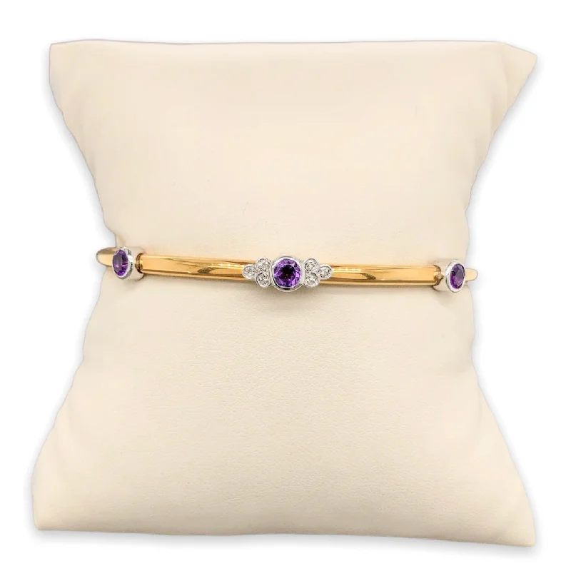 Classic Oval Ring YGP Stainless Amethyst & Diamond Hinged Bangle Bracelet