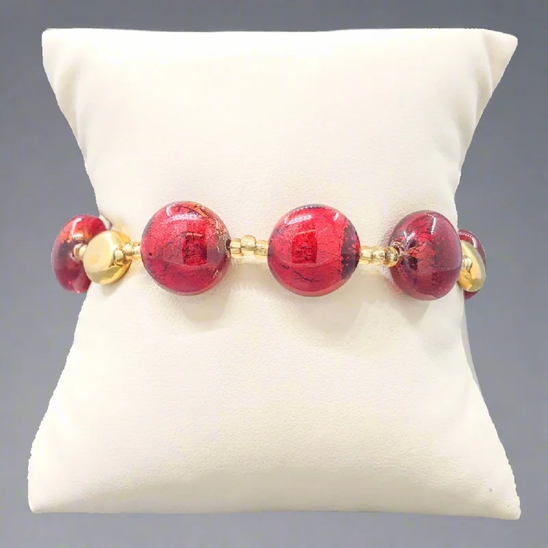 Trendy Stacking Rings YGP Stainless Red Murano Glass and Gold Tone Bead Bracelet