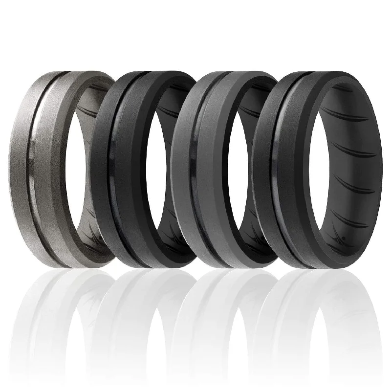 4 Pack - Silicone Ring For Men-  Breathable Comfort Fit Duo Engraved Middle Line