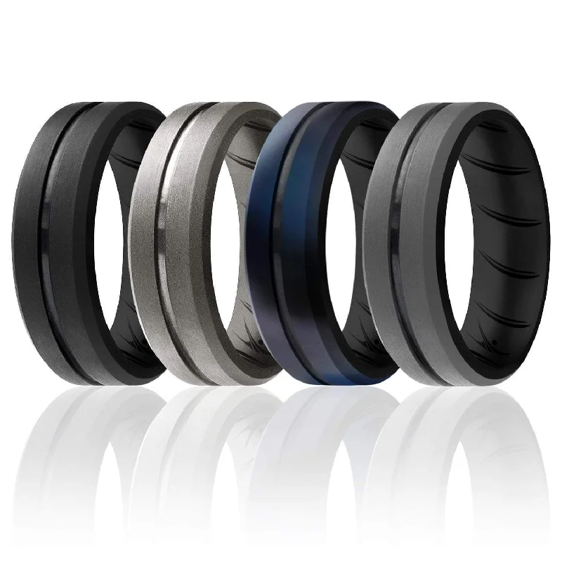 4 Pack - Silicone Ring For Men-  Breathable Comfort Fit Duo Engraved Middle Line