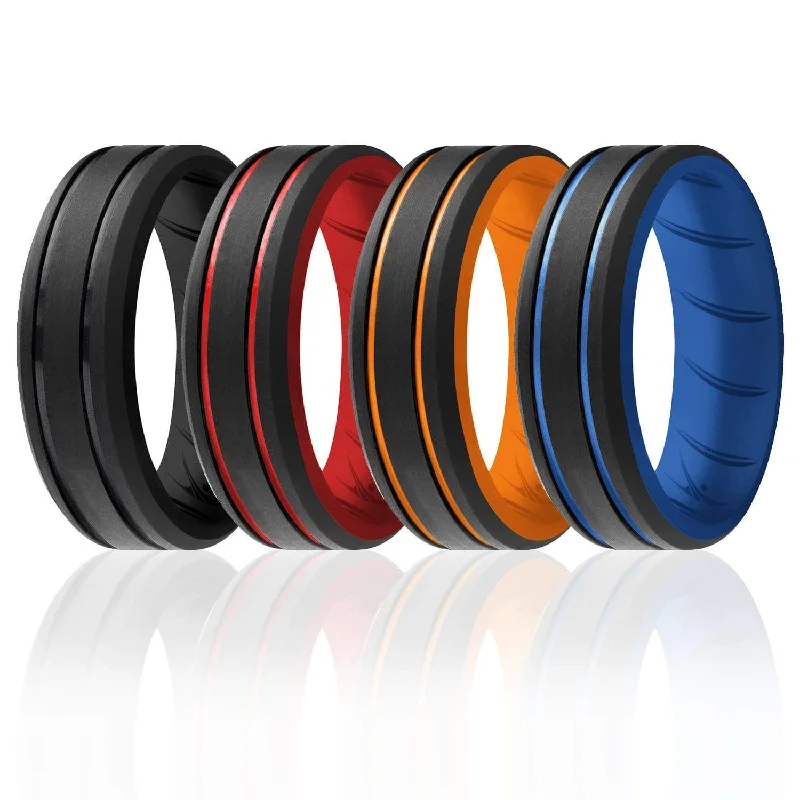 4 Pack - Silicone Ring For Men-  Breathable Comfort Fit Duo 2 Lines Engraved