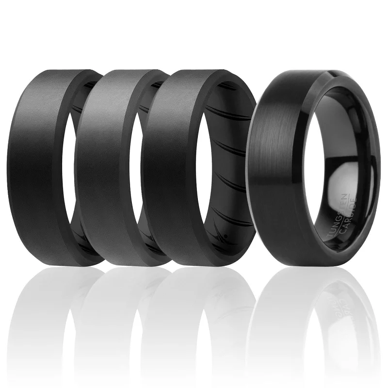 ROQ Tungsten Carbide Wedding Band Ring for Men and Set of 3 Silicone Rings 8mm Comfort Fit Lifetime Guarantee