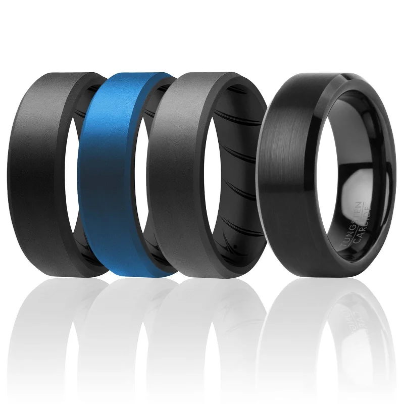 ROQ Tungsten Carbide Wedding Band Ring for Men and Set of 3 Silicone Rings 8mm Comfort Fit Lifetime Guarantee