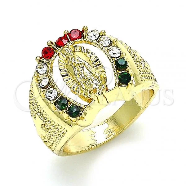 Oro Laminado Mens Ring, Gold Filled Style Guadalupe Design, with Multicolor Crystal, Polished, Golden Finish, 01.351.0017.11 (Size 11)