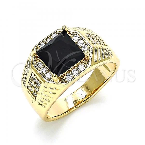 Oro Laminado Mens Ring, Gold Filled Style with Black Cubic Zirconia and White Micro Pave, Polished, Golden Finish, 01.266.0046.2.11