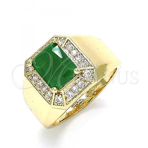 Oro Laminado Mens Ring, Gold Filled Style with Green Cubic Zirconia and White Micro Pave, Polished, Golden Finish, 01.266.0016.4.12