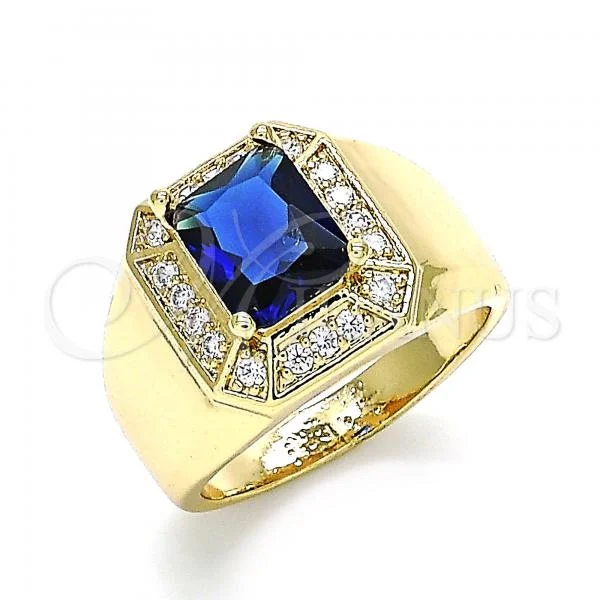 Oro Laminado Mens Ring, Gold Filled Style with Sapphire Blue Cubic Zirconia and White Micro Pave, Polished, Golden Finish, 01.266.0016.2.10